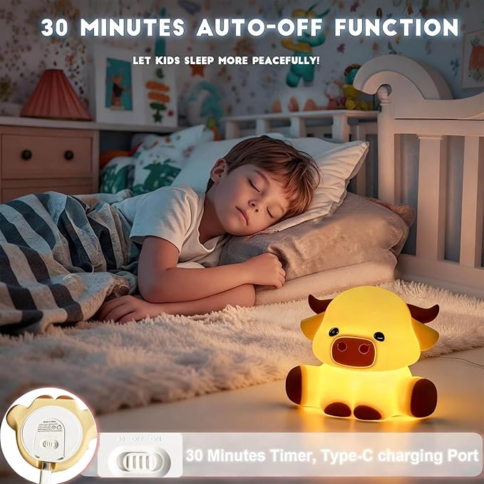 Cattle Night Light for Kids, Squishy Silicone 3-Level Dimmable Touch Control Cute Nightlight with Timer, Portable USB Rechargeable Nursery Pink Night Lamp Gifts for Baby, Toddler Room Decor