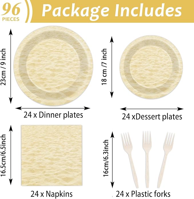 96pcs Summer Beach Party Plates and Napkins for Beach Party Supplies Beach Sand Themed Paper Dessert Plates Summer Tableware for Kids 24 Guests Hawaiian Birthday Party Decorations
