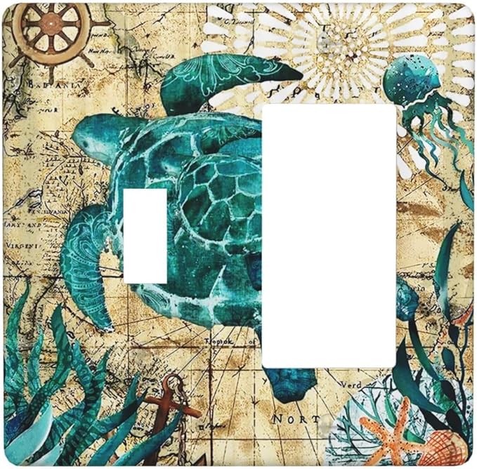 2-Gang 1-Toggle 1-Decora/GFCI Device Combination Funny Classic Sea Blue Turtle Beach Nautical Ocean Themed Teal World Map Tortoise Coastal Wall Plate Combo Toggle Decorator Outlet Light Switch Cover