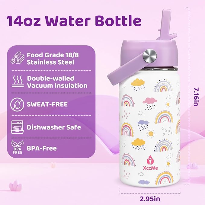 14 oz Rainbow Kids Water Bottle With Straw Lid,Stainless Steel Travel Bottle,Double Wall Leak Proof Kids Cup,Insulated Tumbler for Toddlers,Metal Bottle for School Boys Girls