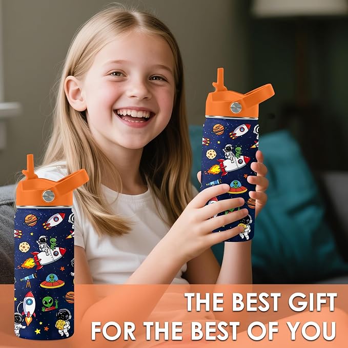 Space Astronomy Gifts for Kids - 16 Oz Kids Water Bottle with Straw Lid, Stainless Steel Insulated Tumbler, Leak Proof, BPA-Free, for Boys, School, Travel - Universe Children Birthday Gifts Cups(1pc)