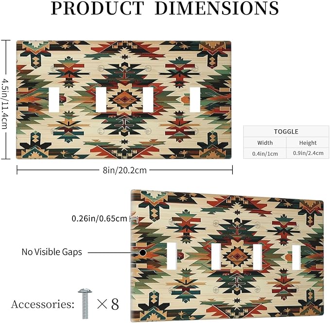 Light Switch Covers Southwest Rustic American Indian Aztec Boho Quad Toggle Electrical Faceplate 4 Gang Wall Plate Decorative Switch Plates for Bed Room living Room Decor