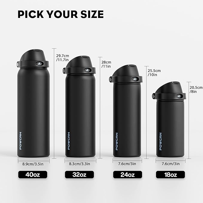 POWCAN 18 oz Insulated Water Bottle: 2-in-1 Push-Button Spout & Quick-Flip Straw, Leakproof, Cold 24Hrs, Fits Car Cup Holder, Stainless Steel Water Bottle for Sports, Travel, School (Very Black)