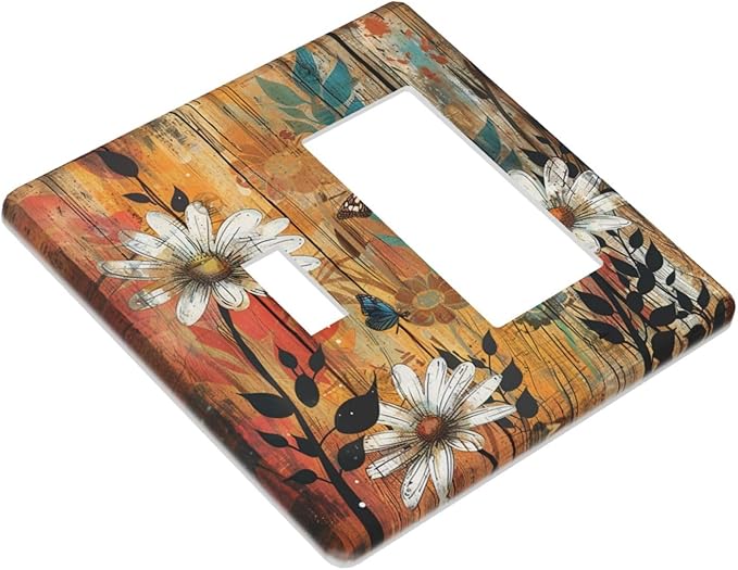 Light Switch Cover Plate Vintage Wooden Daisies Butterflies Floral 2 Gang Combo Wall Plates Toggle Rocker Decorative Switch Plates and Outlet Covers for Bathroom Farmhouse Decor