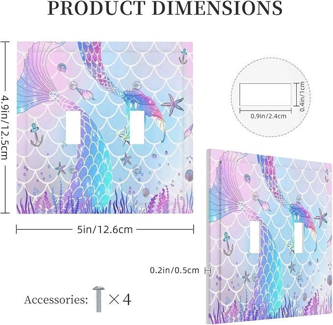 Colorful Cute Kids Girl Purple Pink Ocean Mermaid Tail Scale Conch Starfish Glitter 2 Gang Electrical Double Toggle Outlet Light Switch Wall Plate Decorative Receptacle Face Switchplate Cover Mid Size