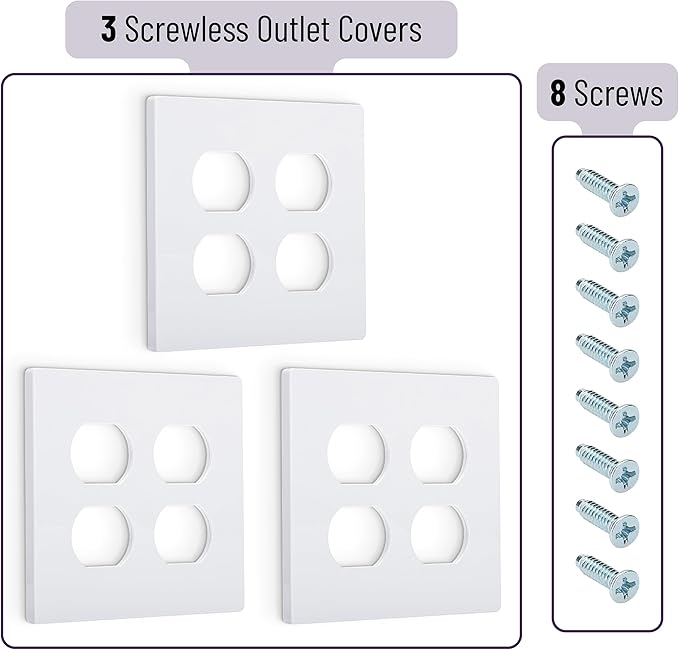 Bates Screwless Double Duplex Outlet Covers, 3 Pack, White, 2 Gang Screwless Wall Plate Cover