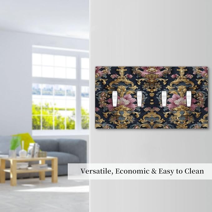 Decorative Light Switch Cover Plate Rococo Pink Floral Flower Gold Leaf 4 Gang Wall Plates for Electrical Outlets Quad Toggle Switch Plate Covers Outlet Covers Faceplate for Home Decor