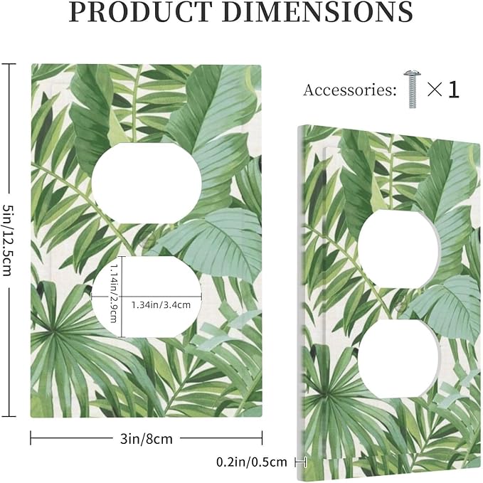 Palm Tree Leaves 1 Gang Duplex Receptacle Outlet Cover Green Tropical Monstera Banana Plant Leaf Electrical Wall Plate Summer Hawaiian Style One Gang Dual Device Light Switch Faceplate Socket Cover