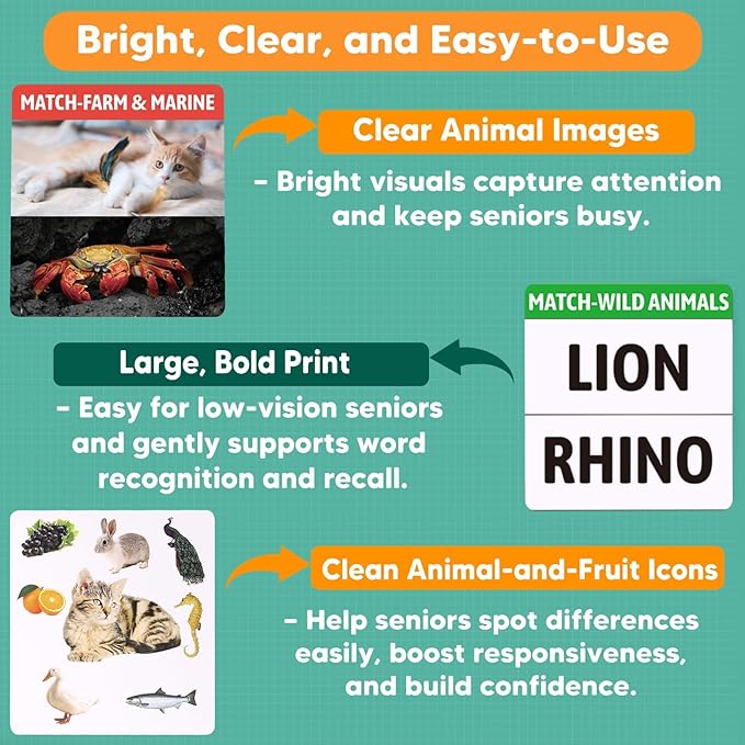 Animal Matching Memory Games for Dementia Patients | Alzheimers Activities Kit w/ 36 Realistic Animal Figures & 54 Cards, Fun Brain Training Product & Meaningful Gift for Seniors and Elderly