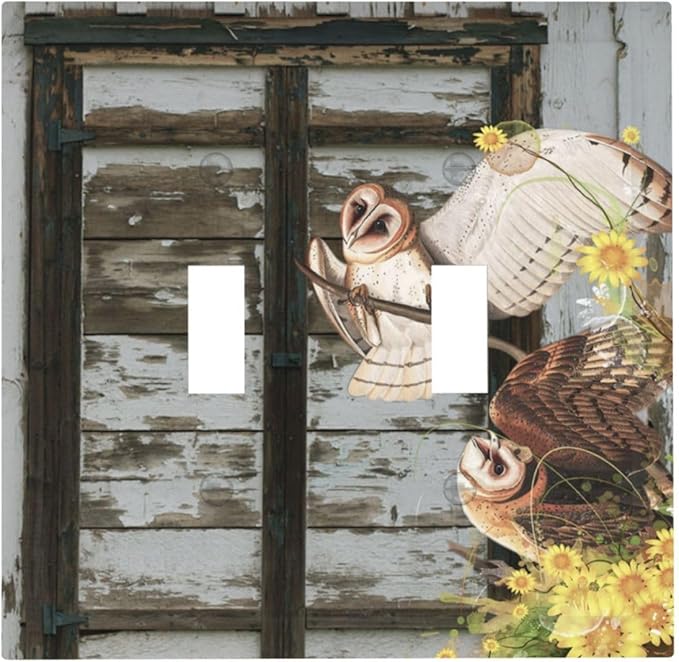 Vintage Brown Blue Old Wooden Door 2 Gang Light Switch Plate Decorative Double Toggle Wall Plate Antique Barn Door with Owls Sunflower Receptacle Switchplate Decorate for Home Living Room Bedroom