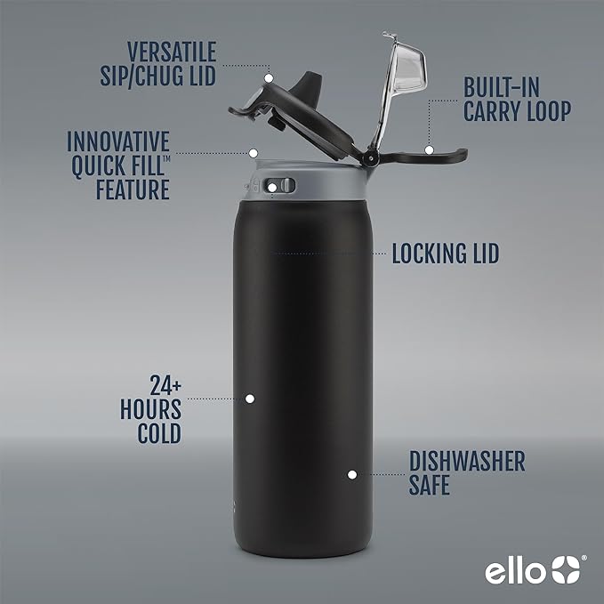 Ello Pop & Fill 18oz Stainless Steel Kids Water Bottle with Quick Fill Lid | Vacuum Insulated BPA Free Bottle with Leak Proof Straw and Chug Lid, Dishwasher Safe, Gift For Kids Teens, Tonal Black