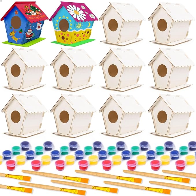 hapray 12 Pack Bird House Kit, DIY Birdhouse Kits, Wooden Crafts Arts for Children to Build and Paint (Includes Paints & Brushes) for Kids Girls Boys Toddlers Halloween Christmas Gift