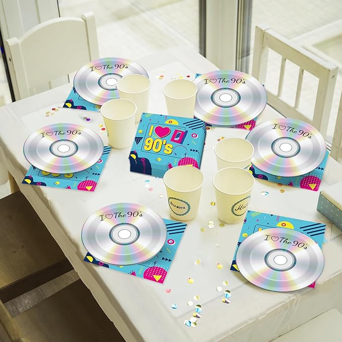 50Pcs 90's Party Paper Plates and Napkins 90's Mix CD Dessert Plates Retro 90s Theme Party Decorations I Love the 90s Tableware Set Serves 25 Guest 1990's Back to the 90 s Birthday Party Supplies