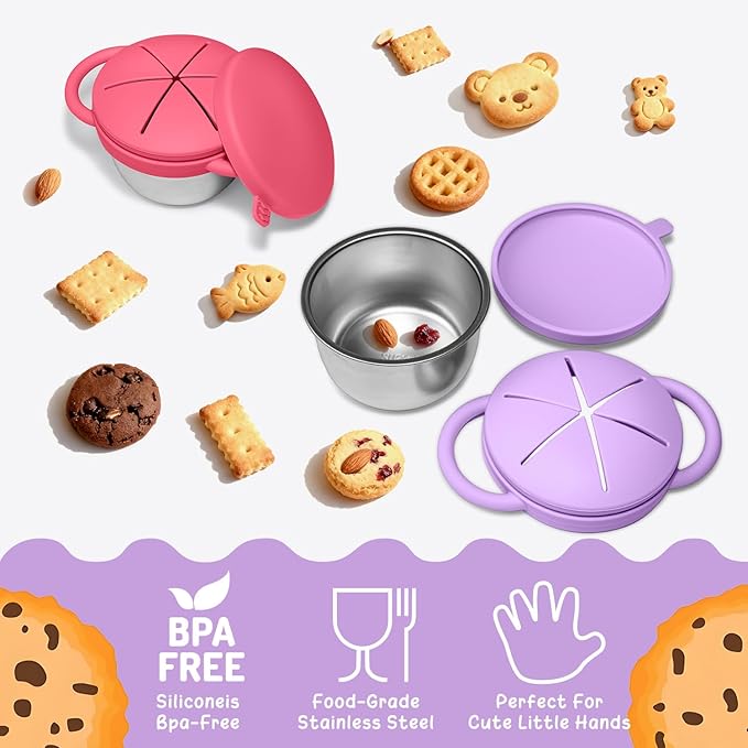 2 Pack Baby Stainless Steel Snack Containers for Kids with Spill Proof Food Grade Silicone Lids & Handles 9 OZ Baby Snack Cups No Spill Toddler Snack Box for Mess-Free Snacking