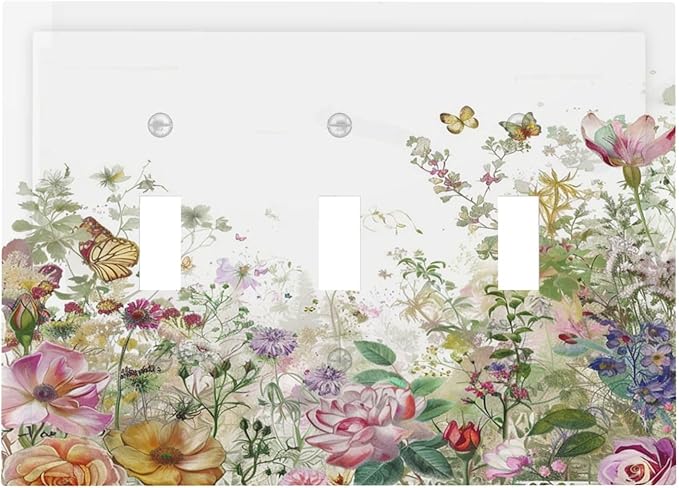Decorative Switch Plates Boho Wildflower Colorful Floral Butterfly 3 Gang Wall Plate Triple Toggle Light Switch Cover Faceplate Electrical Wall Panels For Bed Room Living Room Decor