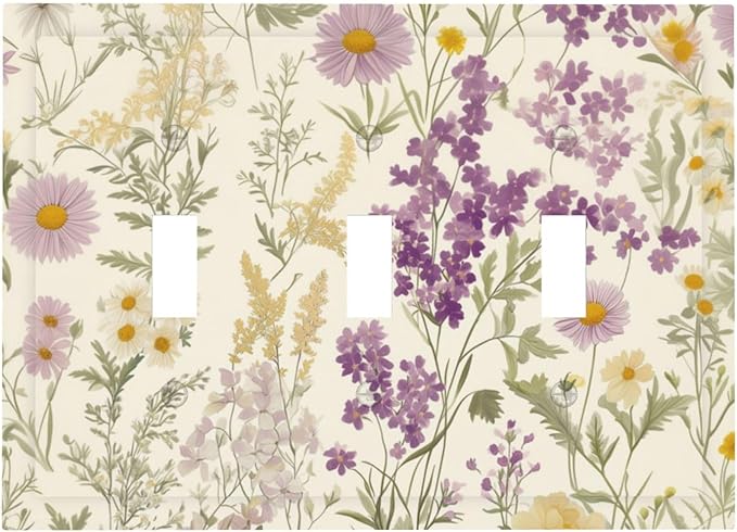 Watercolor Floral Leaves 3 Gang Light Switch Cover Small Purple Flowers Daisies Triple Toggle Wall Plate Decorative Electrical Faceplate for Country Bedroom Kitchen Living Room Home Decor