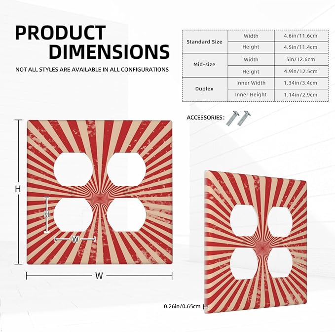 Retro Circus Sparkling Red White Lines Mid Century Outlet Covers 2 Gang Double Duplex Decorative Light Switch Covers Electrical Wallplates Socket Faceplate for Farmhouse Home Decor