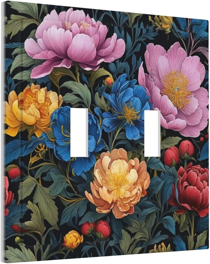 Decorative Light Switch Plate Covers Big Yellow Pink Flowers Blue Red Floral Green Leaf 2 Gang Wall Plate Double Toggle Switch Cover Plate Electric Dual Device Electrical Faceplate