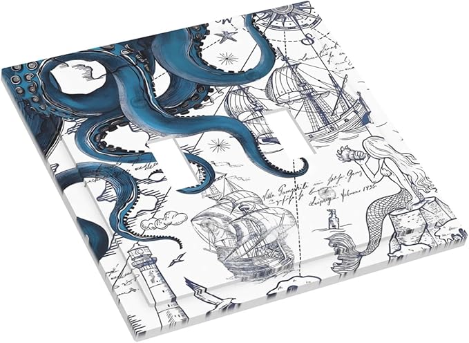 Nautical Vintage Map Octopus Mermaid Lighthouse Boat Decorative Switch Plates 2 Gang Double Toggle Outlet Light Switch Cover Wall Plate Electrical Faceplate for Bathroom Kids Room Decor