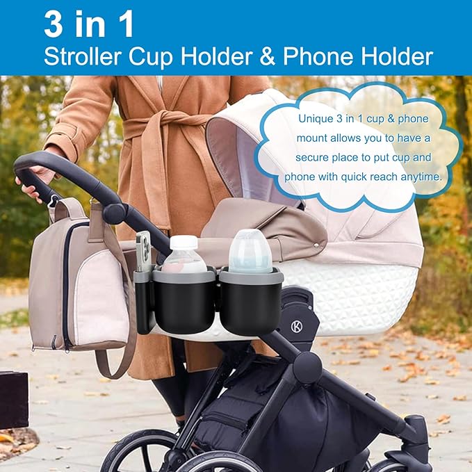 Accmor Stroller Cup Holder with Phone Holder, Bike Cup Holder, Universal Cup Holder for Uppababy Nuna Doona Strollers, 2-in-1 Cup Phone Holder for Stroller Bike Accessory