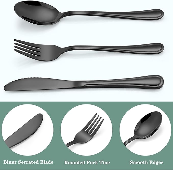 LIANYU 15-Piece Black Kids Silverware Set, Stainless Steel Toddler Utensils Flatware Set, Child Cutlery Tableware Set for 5, Include knife Fork Spoon, Mirror Finished, Dishwasher Safe
