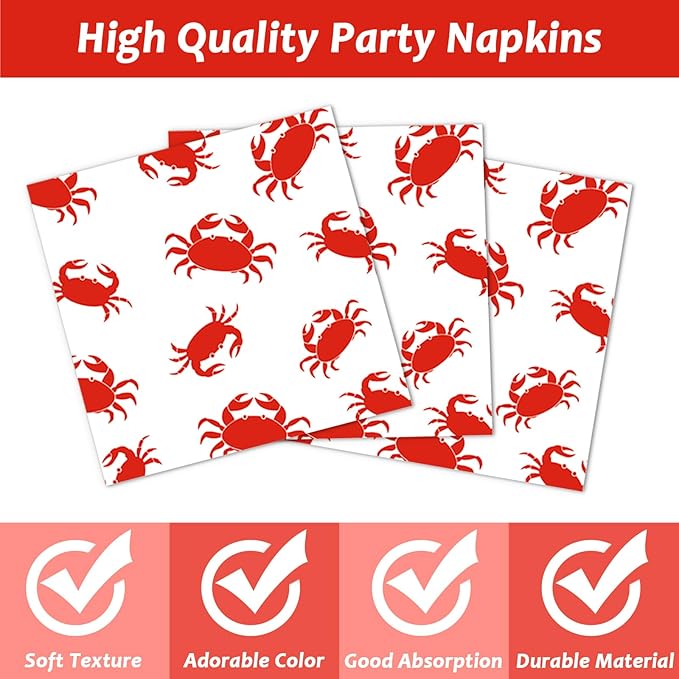 Qyeahkj 100 Pcs Crab Party Decoration Set - Paper Plate Napkin Fork Set for Summer Crab Dinnerware Tableware Supplies - Serves 25