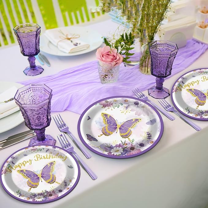 ZOIIWA 96 PCS Purple Butterfly Birthday Party Tableware Set - Butterfly Themed Party Decorations, Plates, Napkins, Forks for Girls, Women, Baby Shower Favors