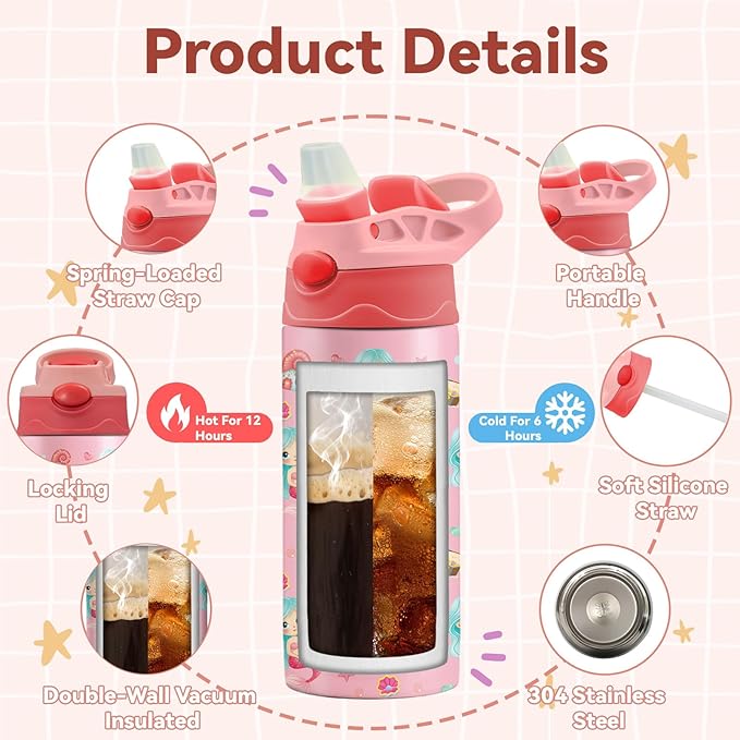 Mermaid Water Bottle for Kids - 12oz Sea Kids Water Bottle with Straw, Stainless Steel Tumbler, Insulated, Leak-proof, BPA-free, Pop-up Straw Lid, for School - Children Birthday Gift Cup(1pc)