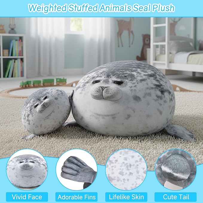 SQEQE Weighted Stuffed Animals Seals, Weighted Seal Plush Chubby Blob, Soft Pillow Toy for Kids Adults for Cozy Comfort, Cute Plushie Gift for Valentines Birthday, Home Decor 9.8 Inch, 0.8 Lb