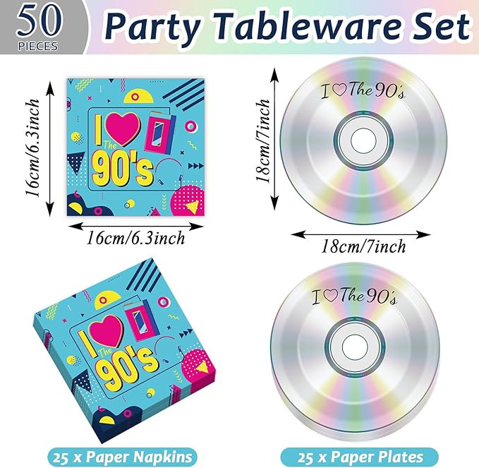 50Pcs 90's Party Paper Plates and Napkins 90's Mix CD Dessert Plates Retro 90s Theme Party Decorations I Love the 90s Tableware Set Serves 25 Guest 1990's Back to the 90 s Birthday Party Supplies
