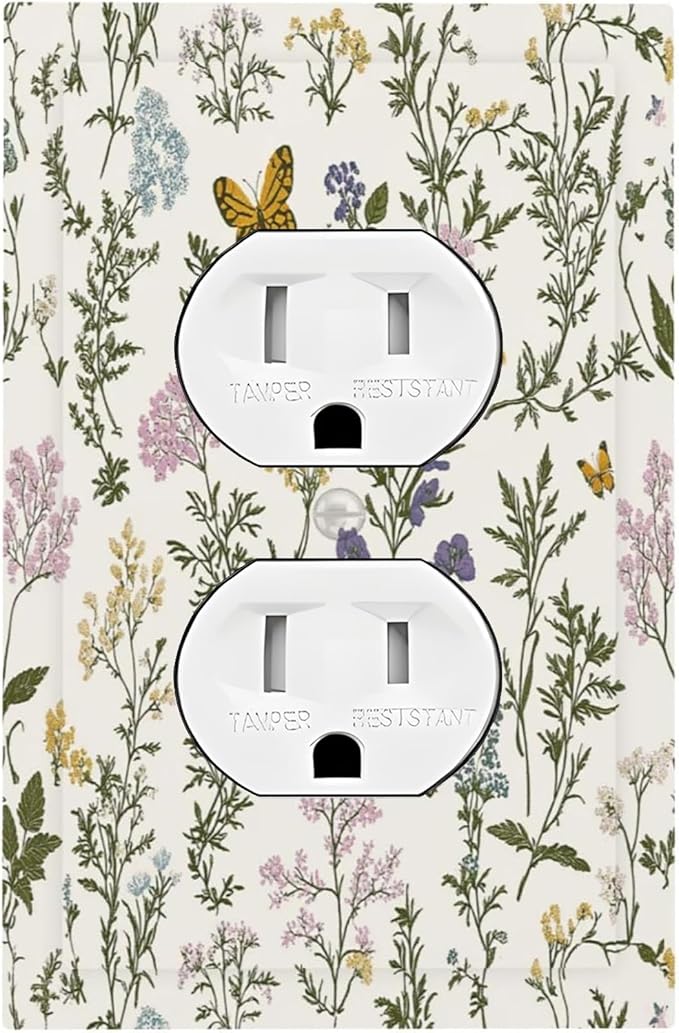 Outlet Covers Vintage Colorful Flowers Butterfly Floral 1 Gang Duplex Light Switch Cover Decorative Switch Plates Electrical Receptacle Faceplate Wall Plate For Bed Room Living Room Decor