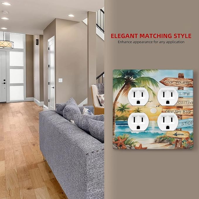 Tropical Beach Palm Tree Summer Coastal Ocean Sunset Outlet Covers 2 Gang Double Duplex Decorative Light Switch Covers Electrical Wallplates Socket Faceplate for Bedroom Living Room Decor