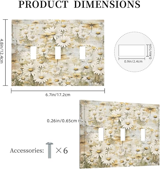Vintage Letter Paper Wildflowers Dragonfly Daisy Floral Decorative Switch Plates 3 Gang Wall Plate Triple Toggle Light Switch Cover Faceplate Electrical Wall Panels for Farmhouse Bedroom Decor
