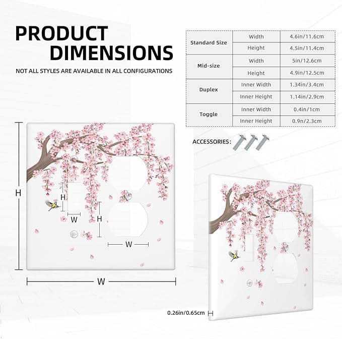 Pink Flower Tree Branch Cherry Blossom Tree Floral Birds Wallplates 1 Toggle 1 Duplex Switch Plate Electrical GFCI Faceplate Decorative Light Switch Covers for Bedroom Living Room Decor