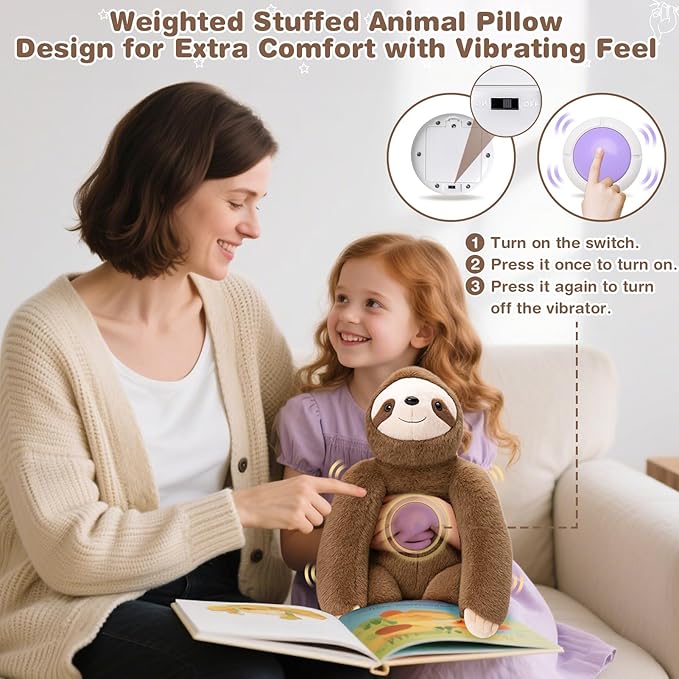 Joyreal Sloth Sensory Weighted Vibrating Pillow, Pressure Activated for Kids Adults, Plush Minky Soft Size: 11 by 21 inches Pillow Animal for Gift Birthday