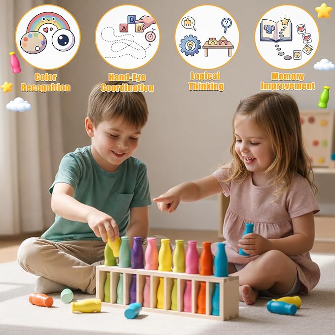 Match The Bottle Color Game, Fun Family Board Game for Kids and Adults 2–4 Players, Bottle Flip Challenge Toy for Travel, Camping, Holidays, Celebrate Birthday Party, Backyard Night (Large, wooden)