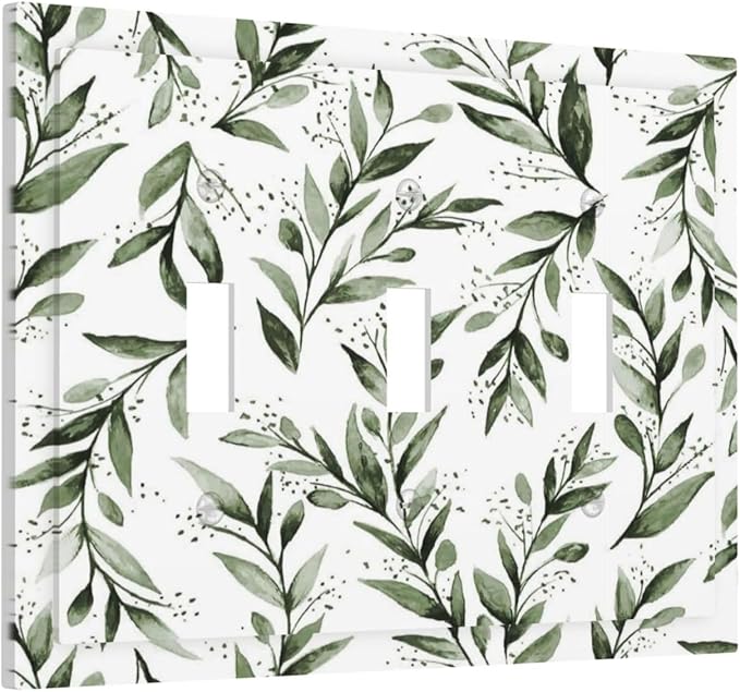 Green Leaf Olive Leaf Sage Floral Decorative Switch Plates 3 Gang Wall Plate Triple Toggle Light Switch Cover Faceplate Electrical Wall Panels for Bedroom Living Room Decor