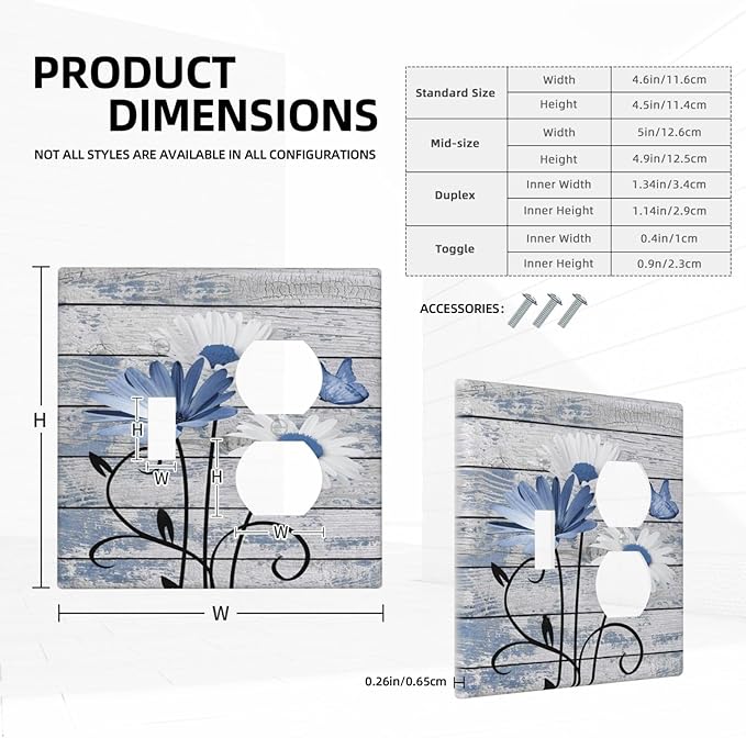 Blue White Daisy Flower Butterfly Rustic Wood Board Wallplates 1 Toggle 1 Duplex Switch Plate Electrical GFCI Faceplate Decorative Light Switch Covers for Farmhouse Bedroom Decor