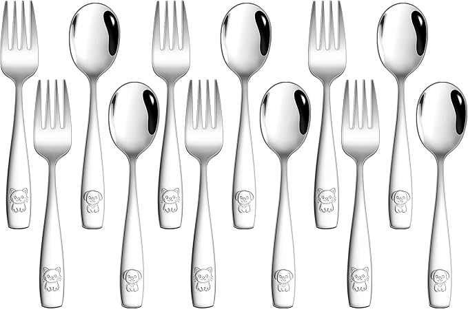 LIANYU 12 Pieces Kids Silverware Set, Stainless Steel Toddler Utensils, Food Grade Toddler 6 Forks and 6 Spoons for Self-Feeding, Metal Kids Cutlery Set with Cute Pattern, Dishwasher Safe