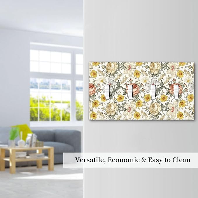 Multicolor Peony Daisy Vintage Floral Flower Light Switch Covers Quad Toggle Electrical Faceplate 4 Gang Wall Plate Decorative Switch Plates for Bedroom Living Room Decor