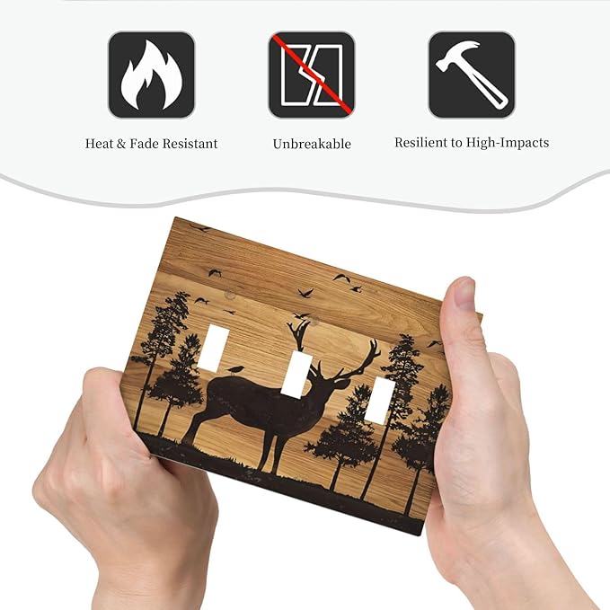 Elk Moose Forest Hunting Pyrography Art Wood Texture Print Decorative Switch Plates 3 Gang Wall Plate Triple Toggle Light Switch Cover Faceplate Electrical Wall Panels for Farmhouse Bedroom Decor