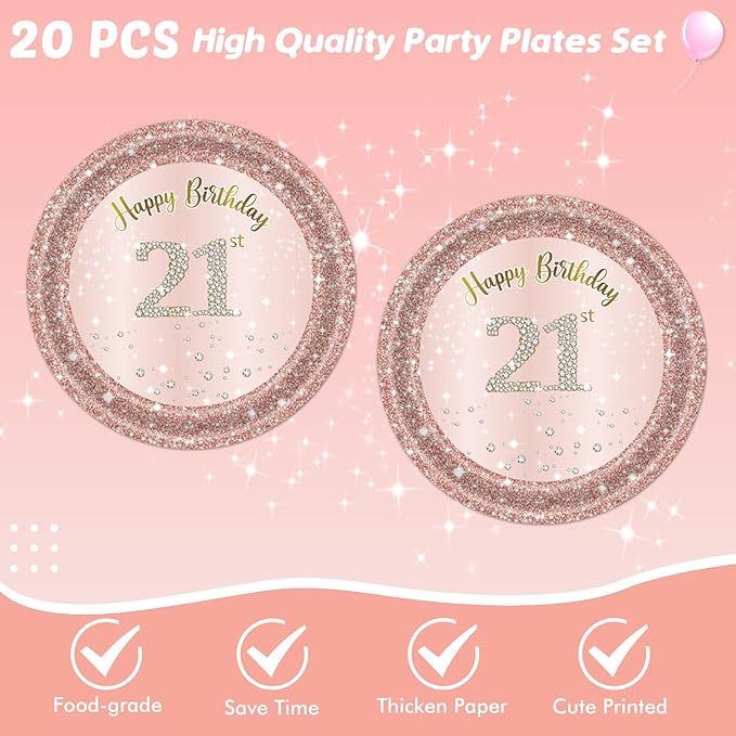 Ryzovo 41Pcs Rose Gold 21st Birthday Party Supplies: 20Pcs Plates, 20Pcs Napkins, 1Piece Tablecloth for 20 Guests - Modern, Disposable, Rose Gold 21st Birthday Theme