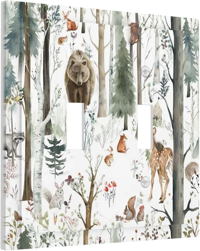 Snow Bear Fox Deer Forest Squirrel Wild Life Animal Decorative Switch Plates 2 Gang Double Toggle Outlet Light Switch Cover Wall Plate Electrical Faceplate for Farmhouse Kids Room Decor