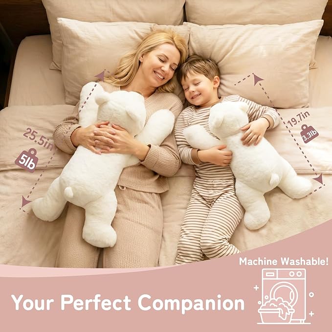 Niuniu Daddy Polar Bear Weighted Stuffed Animals for Kids & Adults, 20" | 3.3lb Large Weighted Plushies Pillow for Sleeping and Calming, Cute Lying Plush Toy Huggable Gift for Everyday Comfort