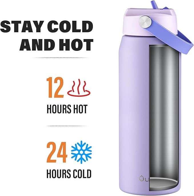 Oldley 18oz Insulated Water Bottle with Straw, Stainless Steel Water Bottle for Sports, Travel, School, BPA-Free Sports Bottles for Adult Kids, Leak-Proof, Purple