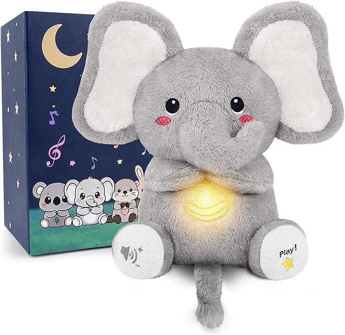 BRICHOEE Breathing Stuffed Animal, Soothing Elephant Stuffed Animal with Moving Ears, Breathing Motion, Calming Sound and Light for Baby Sleep Companion Portable Plush Gifts for Kids Adults Newborns