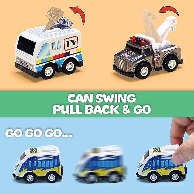 18 Pack Assorted Pull Back Car Toys for Kid with Storage Organizer Box, Mini Model Vehicle Set with Display Case for Child Toddler, Small Play Truck Bulk for Boy and Girl Party Favors, Birthday Gift