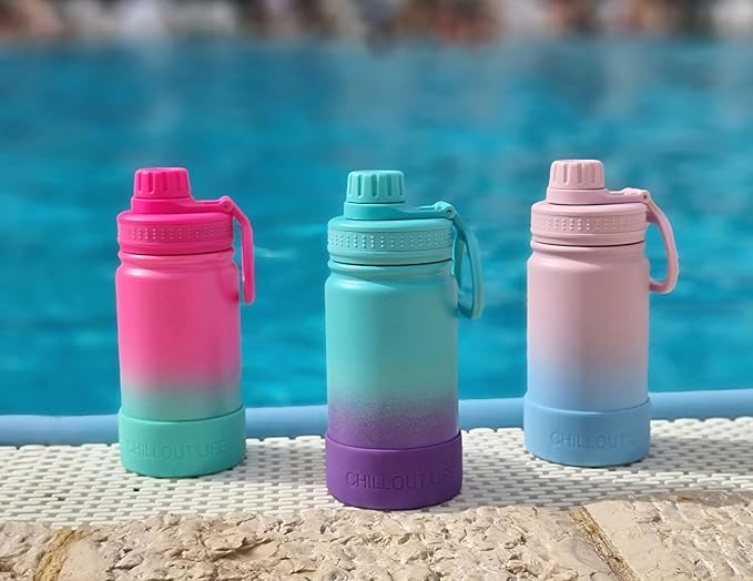 CHILLOUT LIFE 12 oz Kids Insulated Water Bottle for School with Leakproof Spout Lid and Cute Waterproof Stickers, Personalized Stainless Steel Thermos Flask Metal Water Bottle for Girls & Boys
