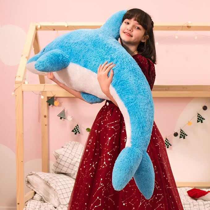MorisMos 55 Inch Giant Dolphin Stuffed Animals, Large Stuffed Dolphin Plush Toy Soft Marine Ocean Plush Gifts for Kids, Blue