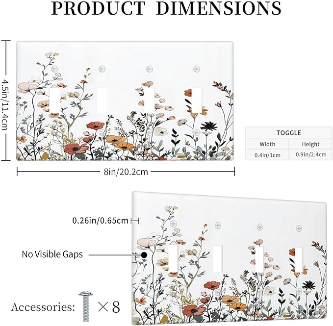 Light Switch Covers Vintage Wildflower Colorful Plants Floral Quad Toggle Electrical Faceplate 4 Gang Wall Plate Decorative Switch Plates For Bed Room Living Room Decor